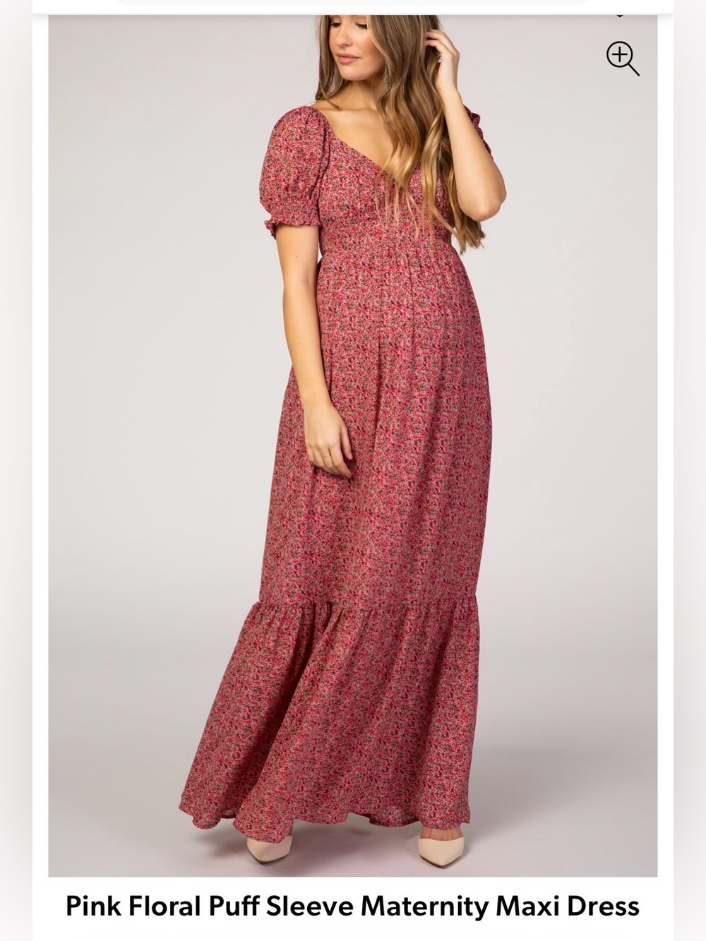 Pink Floral Puff Sleeve Maternity Maxi Dress